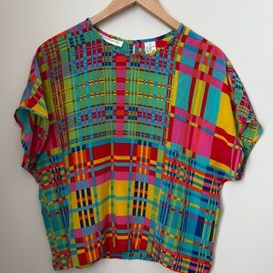 Liz Claiborne Multicolor Silk Plaid Short Sleeve Top